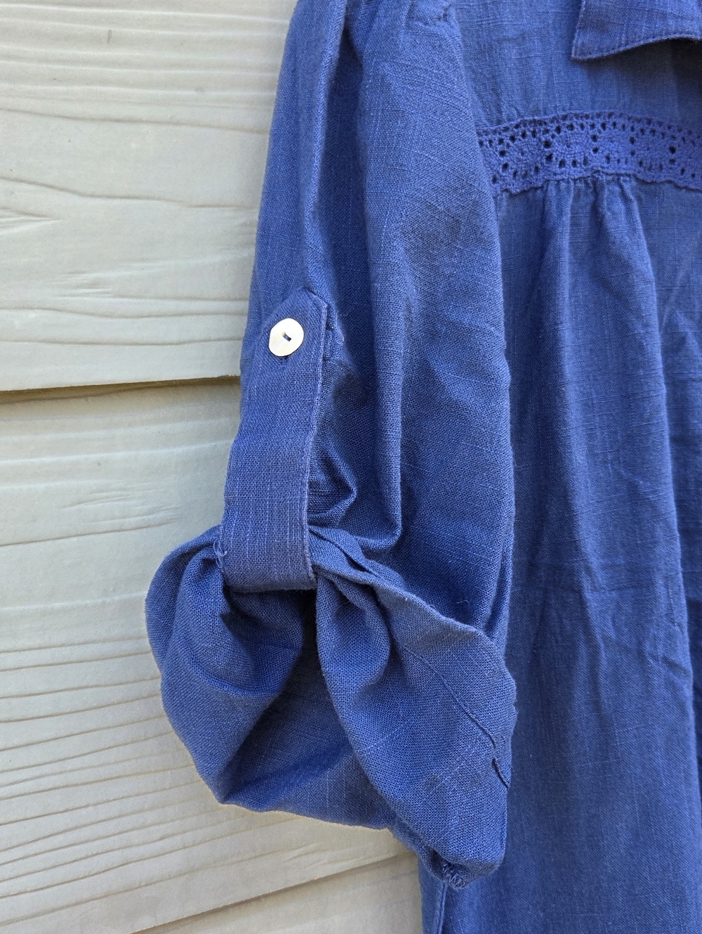 Margaux Riviera Blue Viscose Shirt Dress Eyelet Lace Trim Button Front Sz M/L - Picture 3 of 9